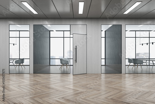 Light wooden and concrete office hallway interior with windows  city view  furniture  glass partition and daylight. 3D Rendering.