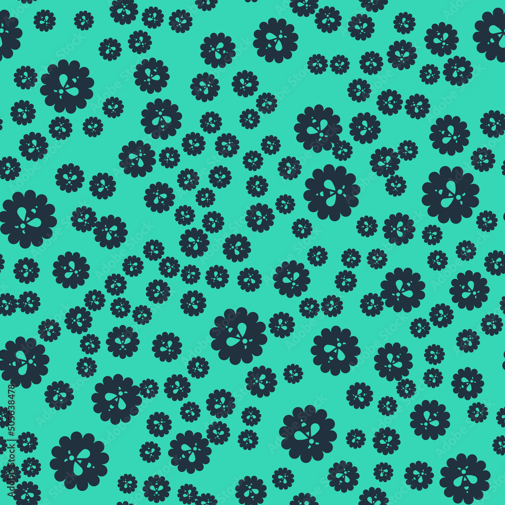 Black Bee on flower icon isolated seamless pattern on green background. Sweet natural food. Honeybee or apis with wings symbol. Flying insect. Vector Black Bee on flower icon isolated seamless pattern on green background. Sweet natural food. Honeybee or apis with wings symbol. Flying insect. Vector