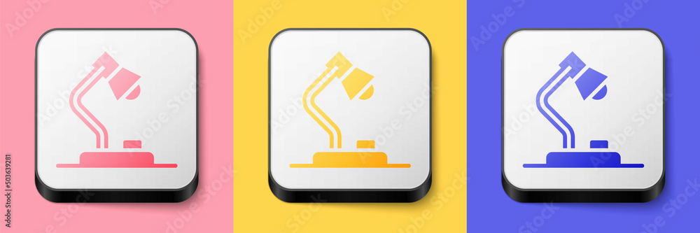 Isometric Table lamp icon isolated on pink, yellow and blue background. Square button. Vector Isometric Table lamp icon isolated on pink, yellow and blue background. Square button. Vector