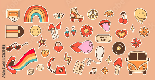 Big retro set of stickers with hippie culture elements. Positive psychedelic outline colored icons in 70s 80s style. Old fashioned vintage objects and signs. Vector illustration isolated on background