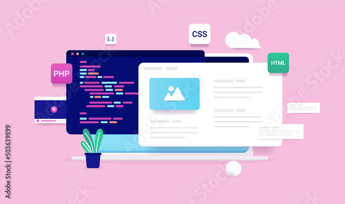 Web development vector illustration with laptop computer screen, abstract code and programming design elements