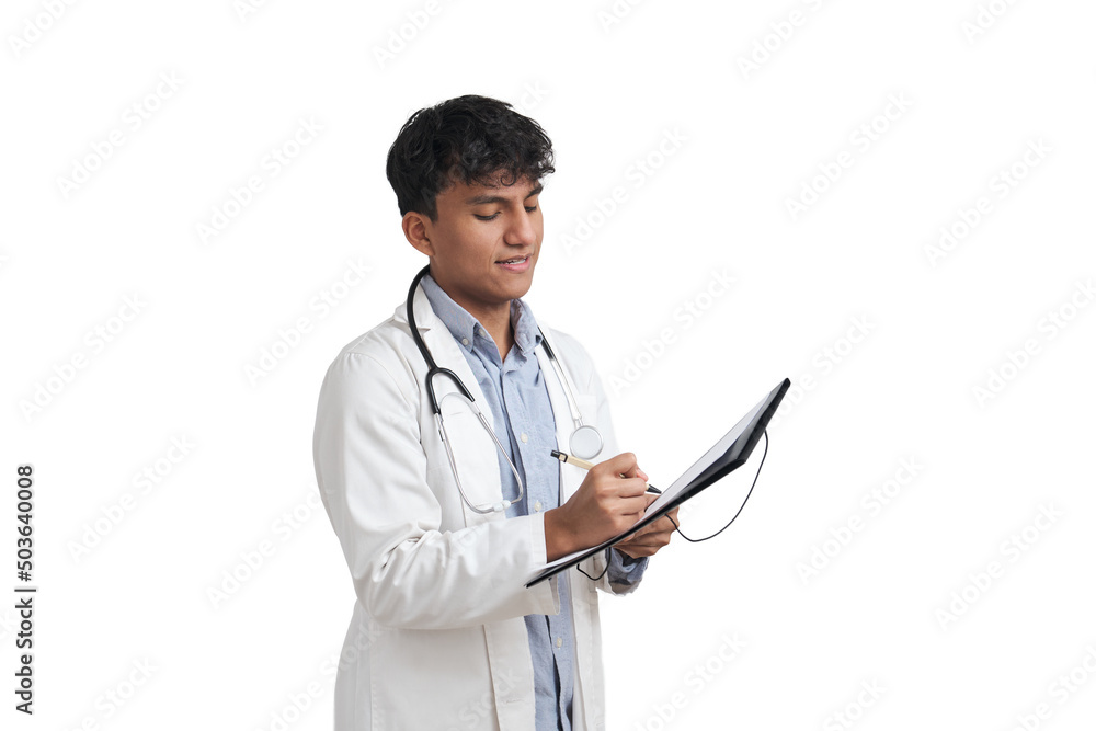 Young peruvian male doctor writing a medical report on a folder. Isolated over white background. Young peruvian male doctor writing a medical report on a folder. Isolated over white background.
