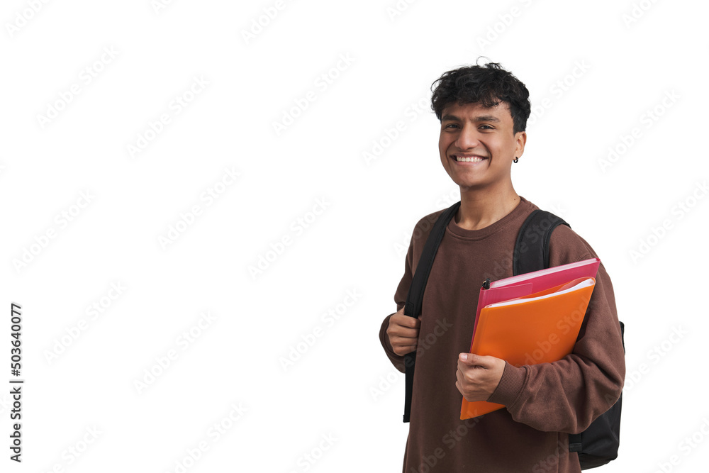 Young peruvian student holding folders and backpack. Isolated over white background.