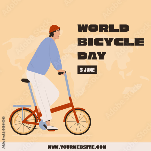 World Bicycle Day Banner. Man riding street folding bicycle in city vector flat illustration. Smiling male bicyclist dressed in stylish clothes riding bicycle. Happy young man on bike. 