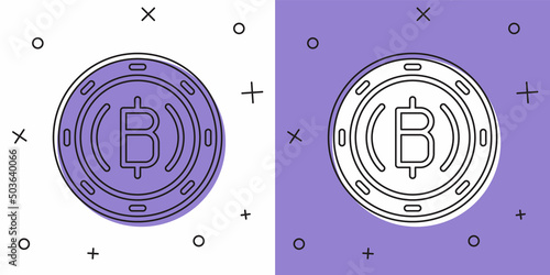 Set Cryptocurrency coin Bitcoin icon isolated on white and purple background. Physical bit coin. Blockchain based secure crypto currency. Vector