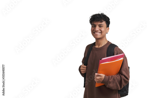 Young peruvian student holding folders and backpack. Isolated over white background.