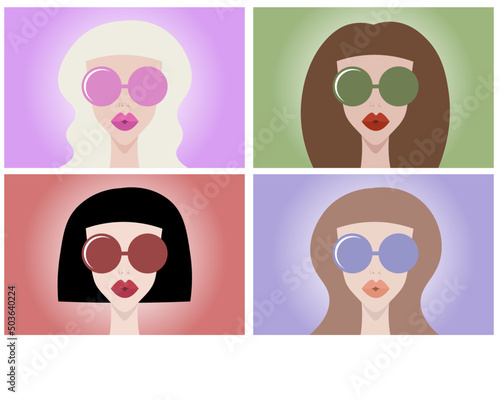 Set of four girls with sunglasses. Women with different hairstyles. Vector illustration. Blond and brunette women. Different color glasses. Fashion concept. Full lips. Glamour concept. 