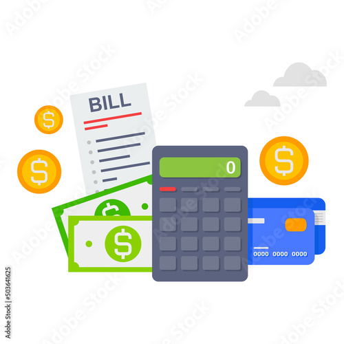 Pay bills and tax. Credit cards and calculator. Finance and taxes payments concept illustration.