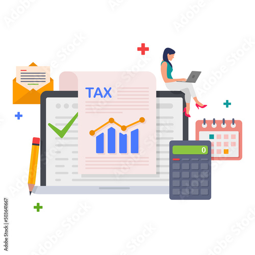 Online filling tax form payment. Calendar show tax payment date. Accounting and financial management concept illustration.