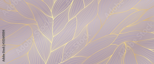 Luxury golden leaf vector background. Foliage wallpaper design with gold line art on dark background, hand drawn leaves. Elegant and shining line design illustration perfect for decorative, prints. © TWINS DESIGN STUDIO