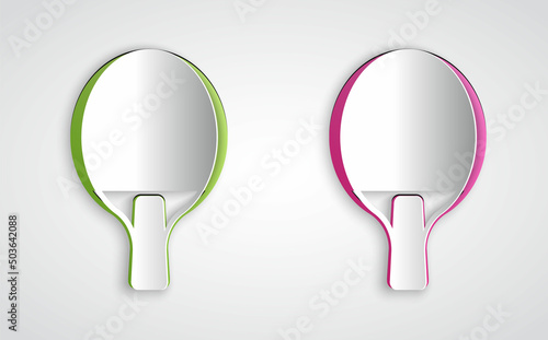 Paper cut Racket for playing table tennis icon isolated on grey background. Paper art style. Vector