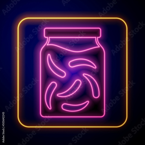 Glowing neon Pickled cucumbers in a jar icon isolated on black background. Vector