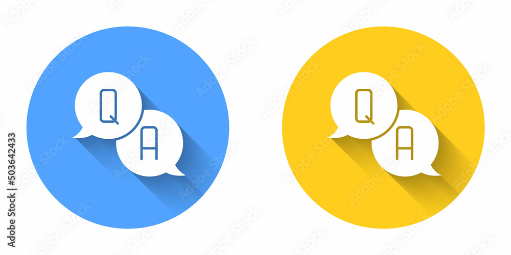White Speech bubbles with Question and Answer icon isolated with long shadow background. Q and A symbol. FAQ sign. Chat speech bubble and chart. Circle button. Vector White Speech bubbles with Question and Answer icon isolated with long shadow background. Q and A symbol. FAQ sign. Chat speech bubble and chart. Circle button. Vector
