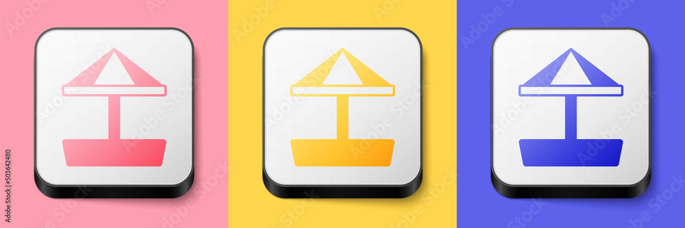 Isometric Sandbox for kids with sand and umbrella icon isolated on pink, yellow and blue background. Square button. Vector Isometric Sandbox for kids with sand and umbrella icon isolated on pink, yellow and blue background. Square button. Vector