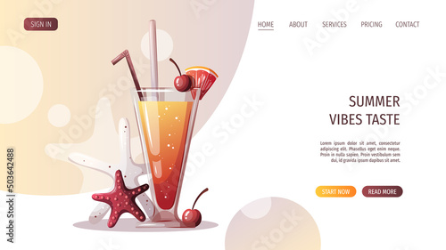 Summer cocktail and starfishes. Beach Holidays, summer vacation, party, cafe-bar, recreation concept. Vector Illustration.