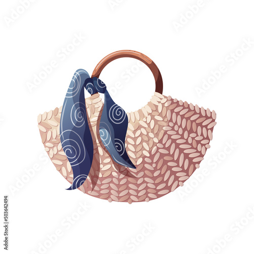 Rattan bag, on the white background. Beach Holidays, Summer vacation, fashion concept. Isolated vector Illustration.