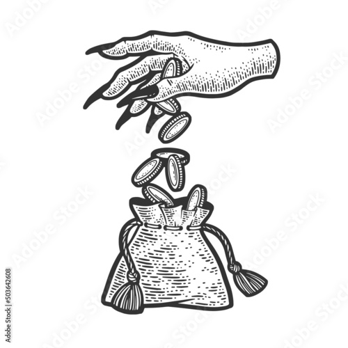 Usury moneylender devil hand gives money sketch engraving vector illustration. T-shirt apparel print design. Scratch board imitation. Black and white hand drawn image.