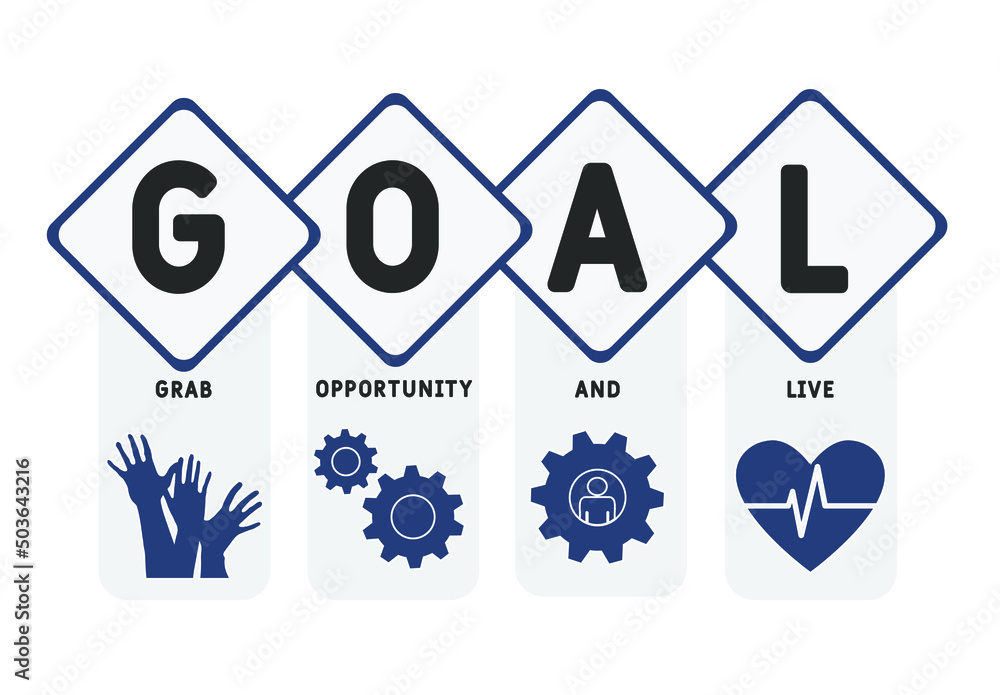 GOAL - Grab Opportunity And Live acronym. business concept background. vector illustration concept with keywords and icons. lettering illustration with icons for web banner, flyer, landing pag GOAL - Grab Opportunity And Live acronym. business concept background. vector illustration concept with keywords and icons. lettering illustration with icons for web banner, flyer, landing pag