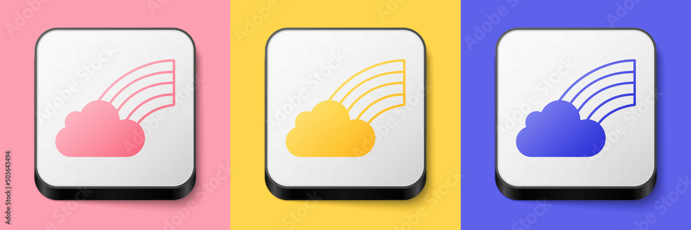 Isometric Rainbow with cloud icon isolated on pink, yellow and blue background. Happy Saint Patricks day. National Irish holiday. Square button. Vector Isometric Rainbow with cloud icon isolated on pink, yellow and blue background. Happy Saint Patricks day. National Irish holiday. Square button. Vector