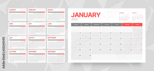 Monthly calendar template for 2023 year. Week Starts on Monday. Desk calendar in a minimalist style. 