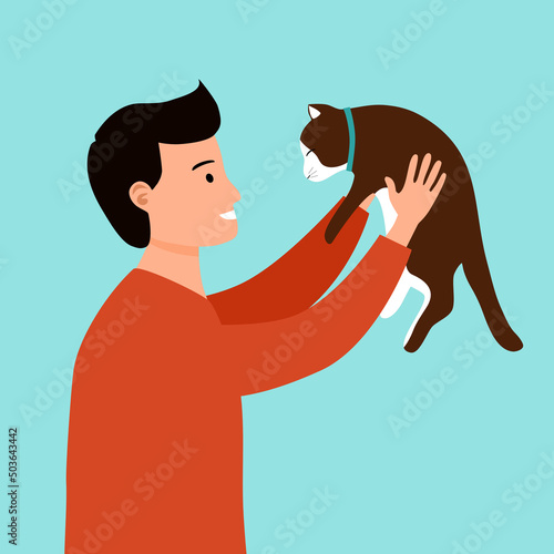 Cheerful man holding his cat with love in flat design.