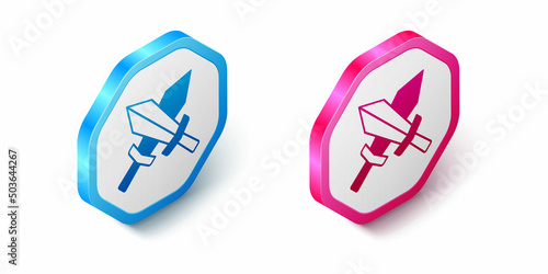 Isometric Sword for game icon isolated on white background. Hexagon button. Vector