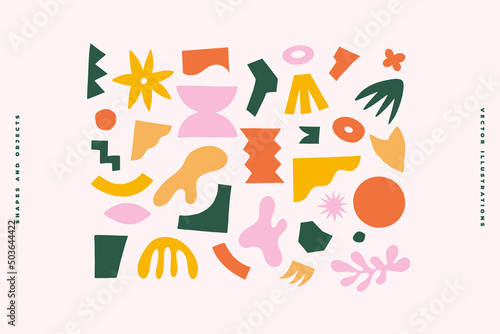 Big set of abstract graphic shapes. Multicolored shapes and objects on a light background. Elements of minimalism in the style of modern art. Vector illustration for your design in flat style. photo