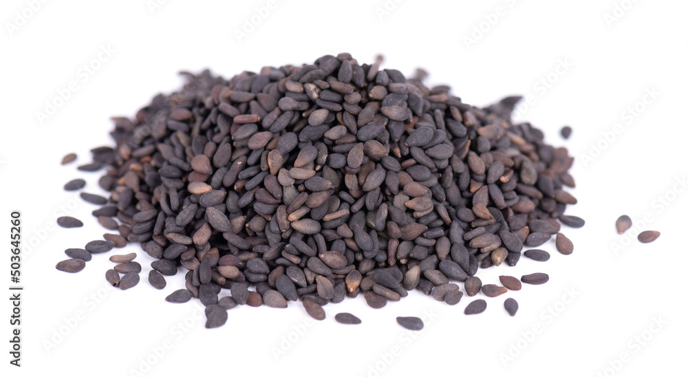 Black sesame seeds isolated on white background. Organic spice. Black sesame seeds isolated on white background. Organic spice.