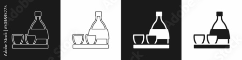 Set Bottle of sake, small cup of sake icon isolated on black and white background. Vector