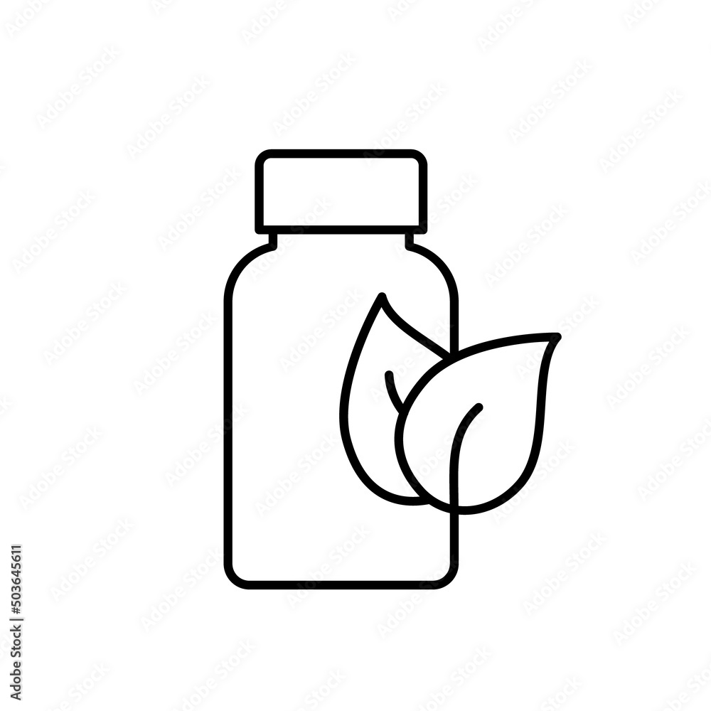 Nutritional supplement bottle line icon. Plant based medicine. Pill bottle  with leaves. Vitamins and minerals tablets. Dietary products. Antioxidants  for immunity. Vector illustration, flat, clip art. Stock ベクター | Adobe Stock