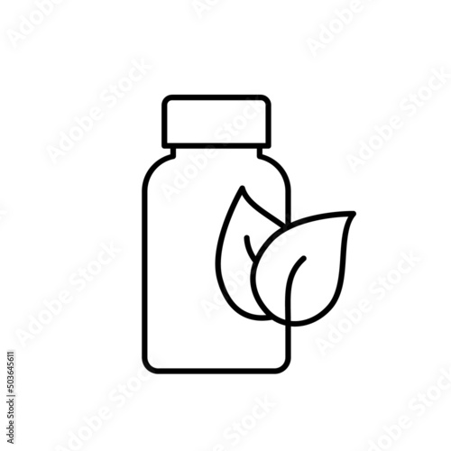 Nutritional supplement bottle line icon. Plant based medicine. Pill bottle with leaves. Vitamins and minerals tablets. Dietary products. Antioxidants for immunity. Vector illustration, flat, clip art.