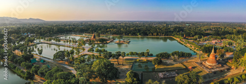 Aerial view of Wat Mahathat buddha and temple in Sukhothai Historical Park