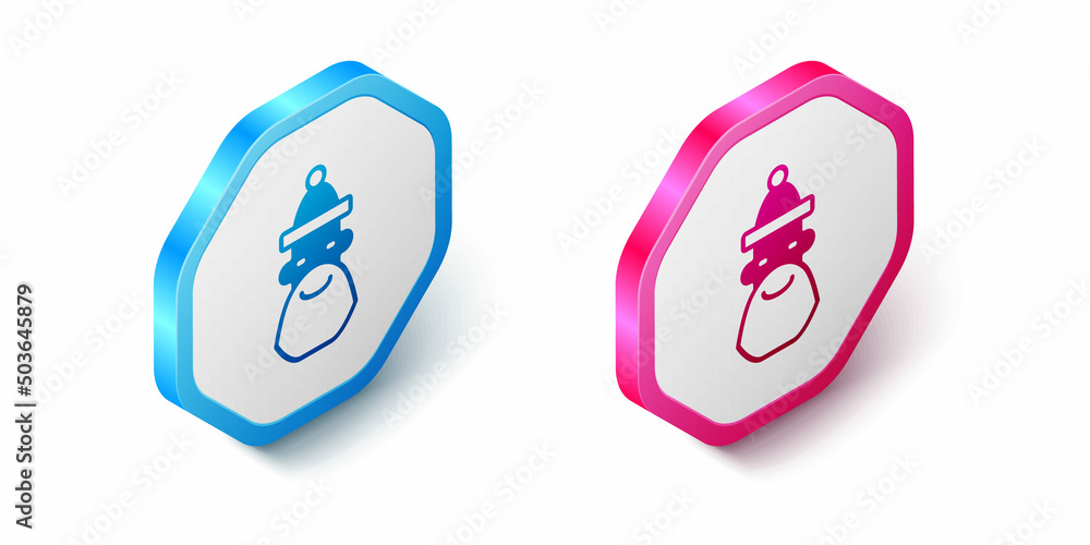 Isometric Santa Claus hat and beard icon isolated on white background. Merry Christmas and Happy New Year. Hexagon button. Vector Isometric Santa Claus hat and beard icon isolated on white background. Merry Christmas and Happy New Year. Hexagon button. Vector
