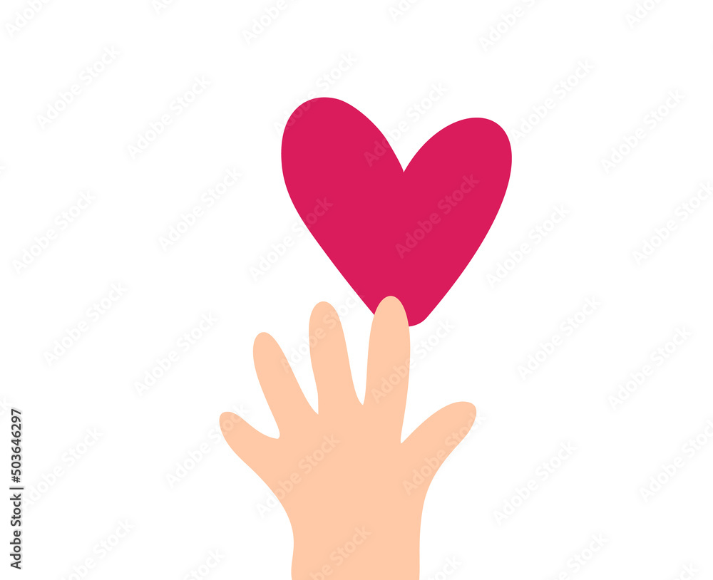 Vector Beige child hand takes red heart logo icon. Encourage donate. Concept idea of donation and help. Stop war in Ukraine Vector Beige child hand takes red heart logo icon. Encourage donate. Concept idea of donation and help. Stop war in Ukraine
