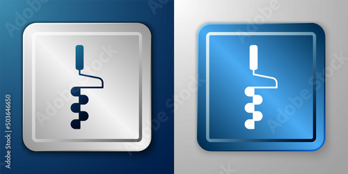 White Hand ice drill for winter fishing icon isolated on blue and grey background. Silver and blue square button. Vector