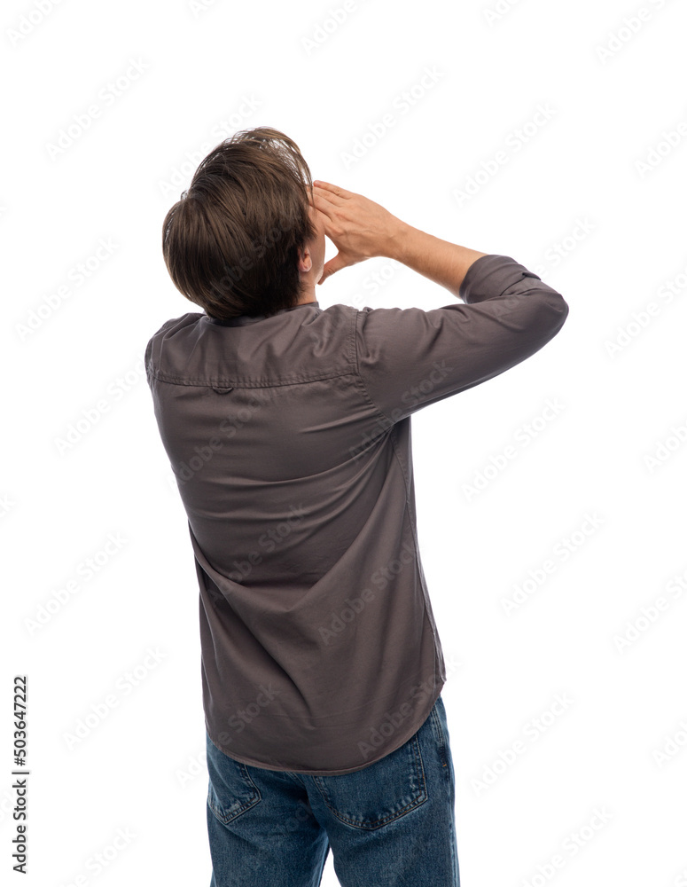 communication and people concept - shouting man calling for someone communication and people concept - shouting man calling for someone