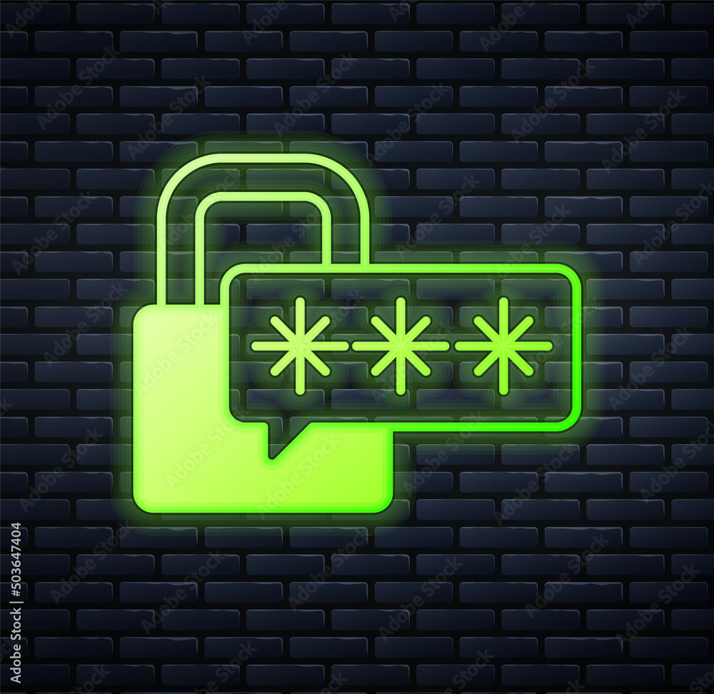 Glowing neon Cyber security icon isolated on brick wall background. Closed padlock on digital circuit board. Safety concept. Digital data protection. Vector Glowing neon Cyber security icon isolated on brick wall background. Closed padlock on digital circuit board. Safety concept. Digital data protection. Vector