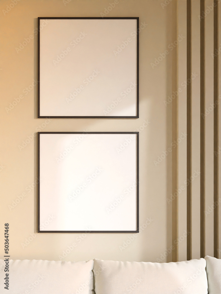 Twin modern and minimalist square black poster or photo frame mockup on the wall in the living room. 3d rendering. Twin modern and minimalist square black poster or photo frame mockup on the wall in the living room. 3d rendering.