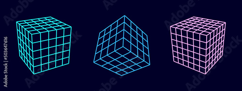 Set of color wireframe cubes. 3d geometric forms. Realistic isolated model. Vector isometric shapes.