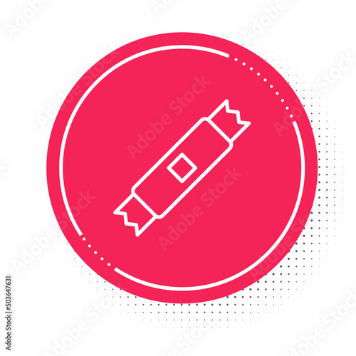 White line Sugar stick packets icon isolated on white background. Blank individual package for bulk food products as coffee, salt, spices. Red circle button. Vector