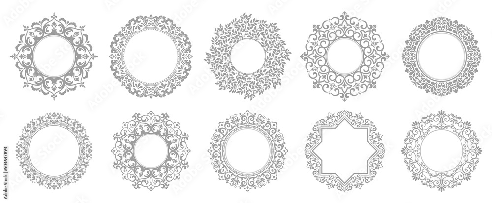 Set of decorative frames Elegant vector element for design in Eastern style, place for text. Floral gray and white borders. Lace illustration for invitations and greeting cards