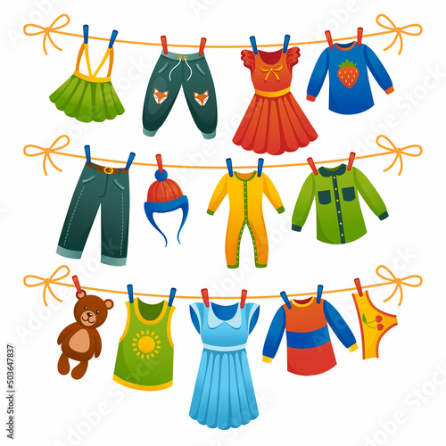 Child cartoon dry wear and underwear on rope. Vector clothesline with clean pants and blouse