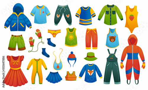 Vector child flat dress, jacket, pants, and pajamas little icon