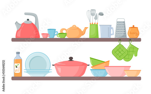 Kitchen shelves. kitchenware dishes cups and cooking devises on wooden shelves. Vector illustration
