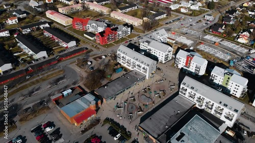 Aerial View Of Business Buildings And Public Park In Gråbo, Urban Area In Lerum, Vastra Gotaland, Sweden. drone shot photo