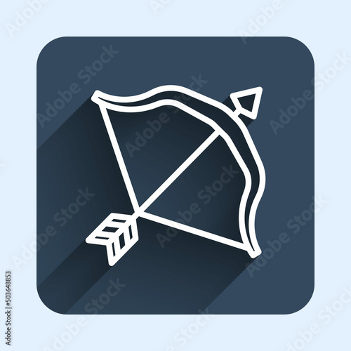 White line Medieval bow and arrow icon isolated with long shadow background. Medieval weapon. Blue square button. Vector