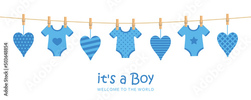 its a boy welcome greeting card for childbirth with hanging hearts and bodysuits