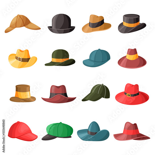 Cartoon male hat. Mans holiday and casual headwear, retro an modern cap. Vector fashion set