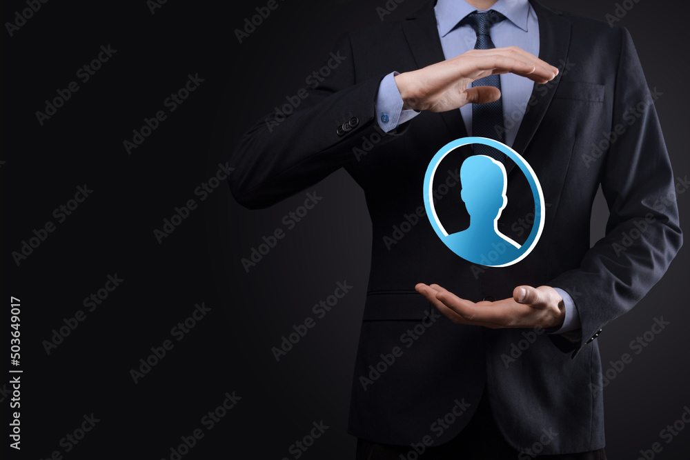 Businessman holding on hand icon of user man,woman 3D style. Internet icons interface foreground. global network media concept. Businessman holding on hand icon of user man,woman 3D style. Internet icons interface foreground. global network media concept.