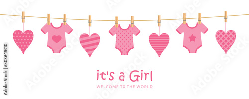 its a girl welcome greeting card for childbirth with hanging hearts and bodysuits